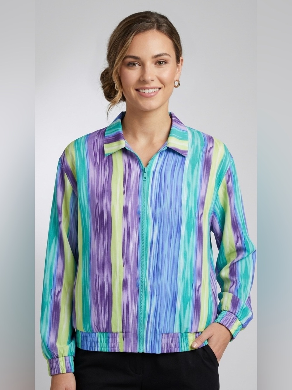 Vintage Teddi Striped Zip Up Lightweight Bomber Jacket Top Green Purple Blue L